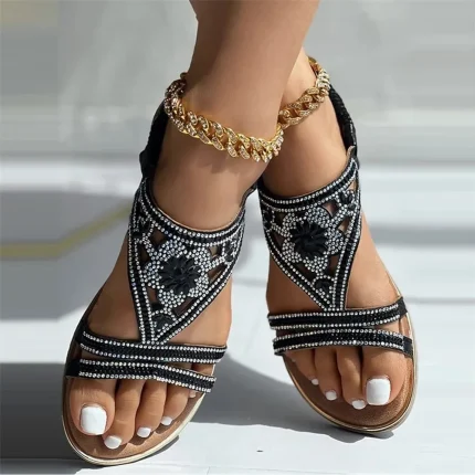 Women's Bohemian Rhinestone Sandals – Vintage Glam Beaded Flat Sandals with Hollow Floral Design for Beach & Summer Wear