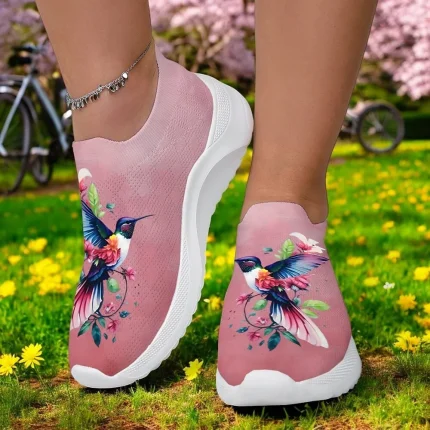 Hummingbird Print Flyknit Sneakers with Breathable Upper, Flexible Sole and Comfortable Design for Everyday Casual Outfits