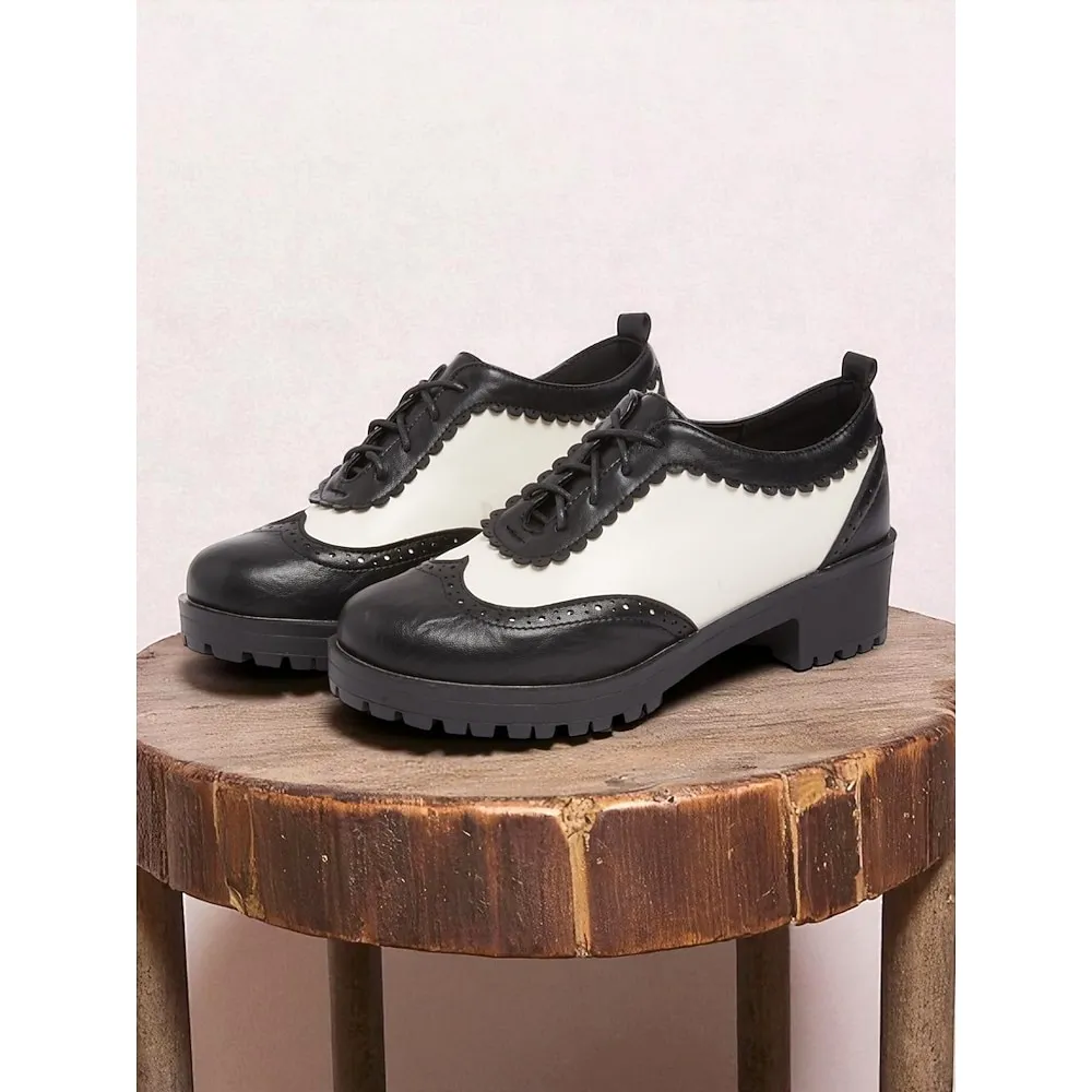 rbpynk1755598519297.webp Women's 1950s Vintage Black and White Oxford Brogue Shoes with Lace-Up Design and Low Block Heel - Retro Oktoberfest Footwear for Casual Wear, Work and Cosplay Outfits - Image 1