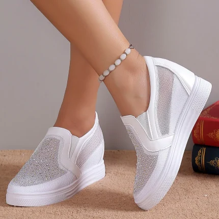 Women's White Slip-On Sneakers with Rhinestone Mesh Design - Comfortable and Stylish for Casual Wear